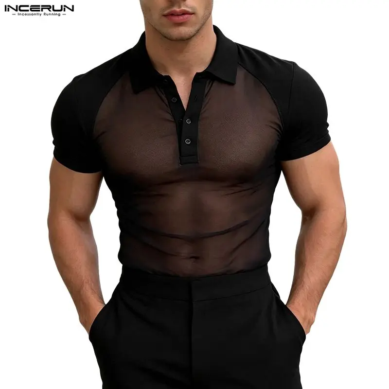INCERUN Men's Classic Sheer Mesh Polo Shirt - Sexy Plain Short Sleeve Top for Clubwear, Vegas Nights, and Boat Parties, Sexy Polo Shirts, Short Sleeve Polo Shirts