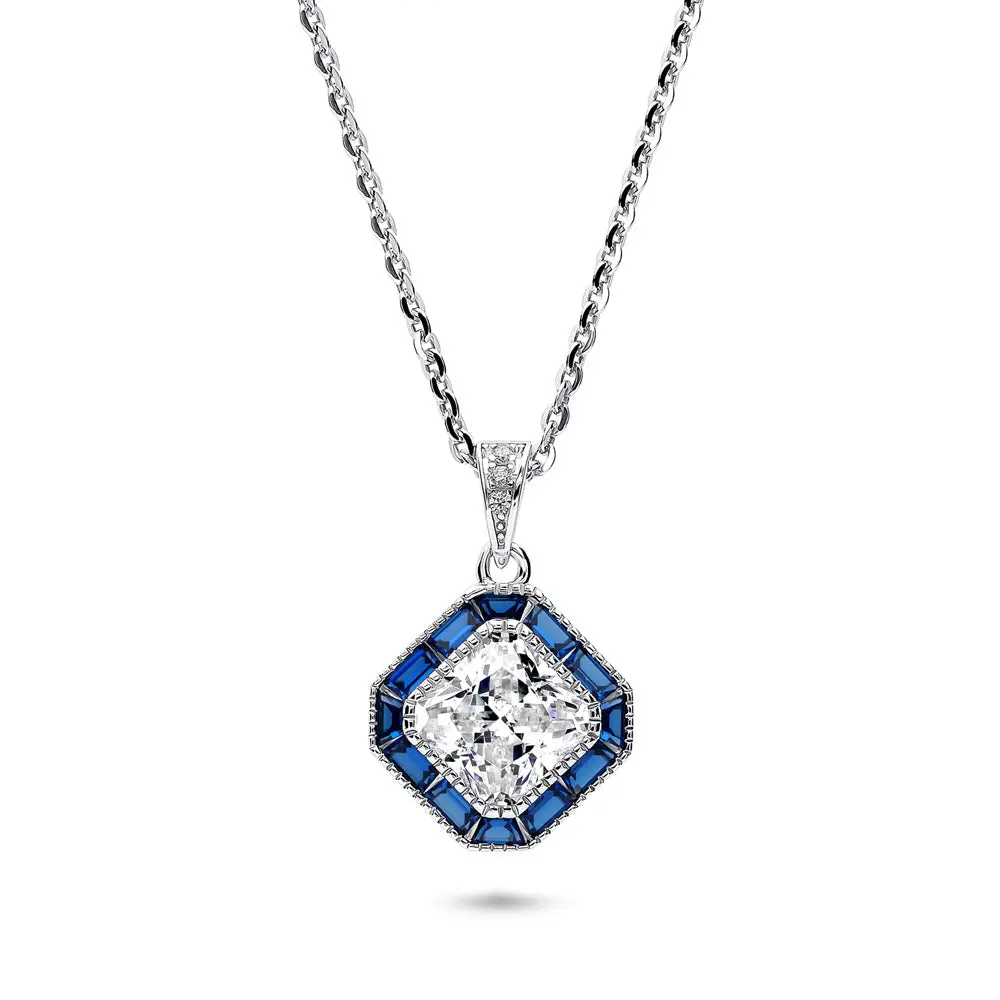 BERRICLE Sterling Silver Halo Art Deco Milgrain Pendant Necklace for Women, Princess Cut Cubic Zirconia CZ 18 inch