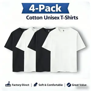 Classic 4-Pack Black & White Cotton Unisex T-Shirts Soft Comfortable Regular Fit Crew Neck Short Sleeve for Everyday Wear