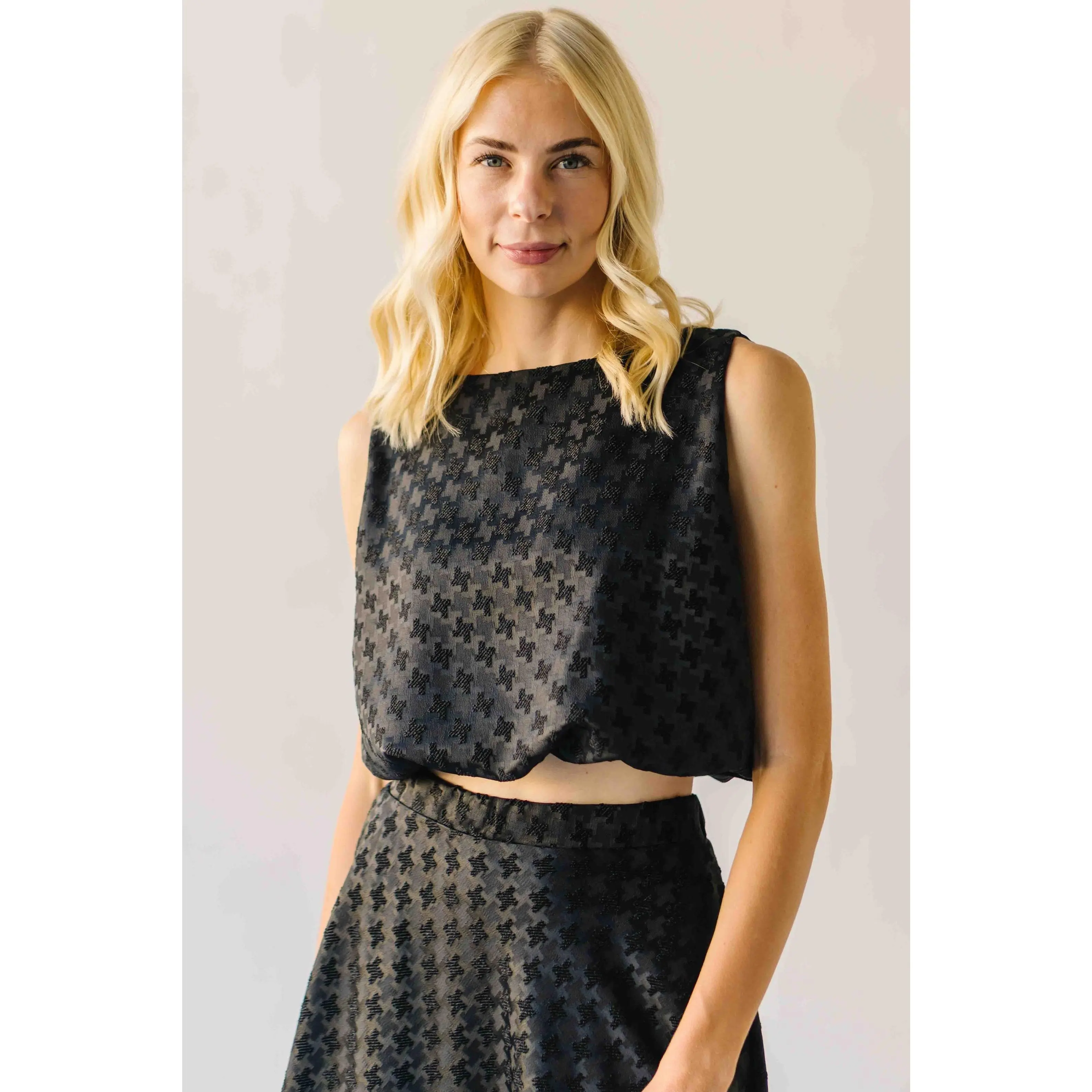 The Bronson Houndstooth Bubble Blouse in Black