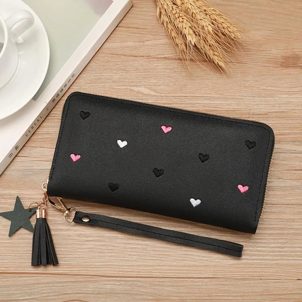 Heart Print Wallet for Women, Soft Faux Leather Long Wristlet with Zip Closure, Large Capacity Anti-Theft Card Holder with Star Tassel, Foldable, Long Wallet, Zipper Wallet Design, Wallets For Women