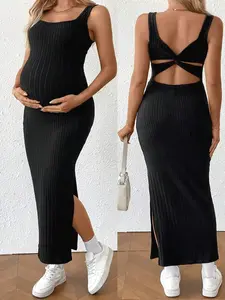 Solid Color Sleeveless Maternity Dress With Twist Back Design And Side Slit Hem, For Summer Ribbed Maternity Dress Knit Maternity Dress Maternity Bodycon Dress Maternity Ribbed Dress