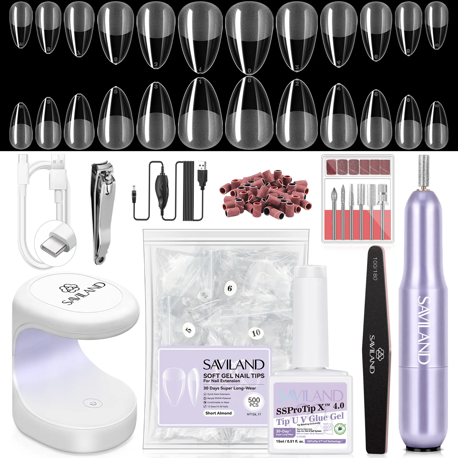SAVILAND Pro Gel X Nail Kit: 30-day Wear 12 Sizes of Short Almond Tips Nail Drill 500 Tips Strong Glue UV Lamp Perfect for DIY Salon Use