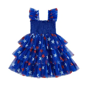 Toddler Girls 4th of July Dress Casual Red White and Blue Star Print Layered Tulle Dress for Beach Party Cute Clothes