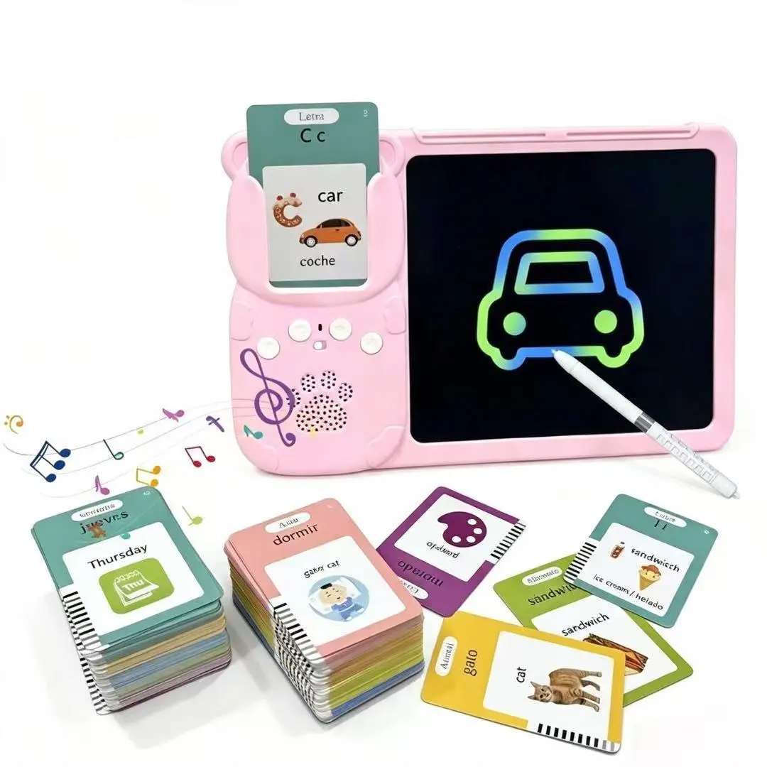 KIDGENIUS 3in1 Toddler LCD Writing Tablet & Talking Flash Cards, Bilingual English Spanish Vocabulary Early Education Drawing Pad Set