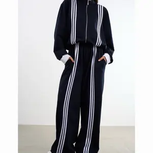 Navy Blue Women Minimalist Two-Tone Lounge Set, Jogger Set, Oversized Sweatshirt & Joggers, Chic Errand Fit Pants Womenswear Clothes Comfy Long Sleeve Winter Women's Plus Size Hooded Set stylish camouflage ed hardy outfit, Aesthetic, Polyester, Spandex, S