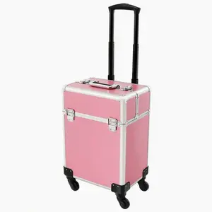 Rolling Makeup Case, Nail Storage Box With Wheels Portable Makeup Trolley For Beauty Studio Hairdressers Nail Technician , Cosmetic Trolley,Hairdressing Travel Case(Pink)