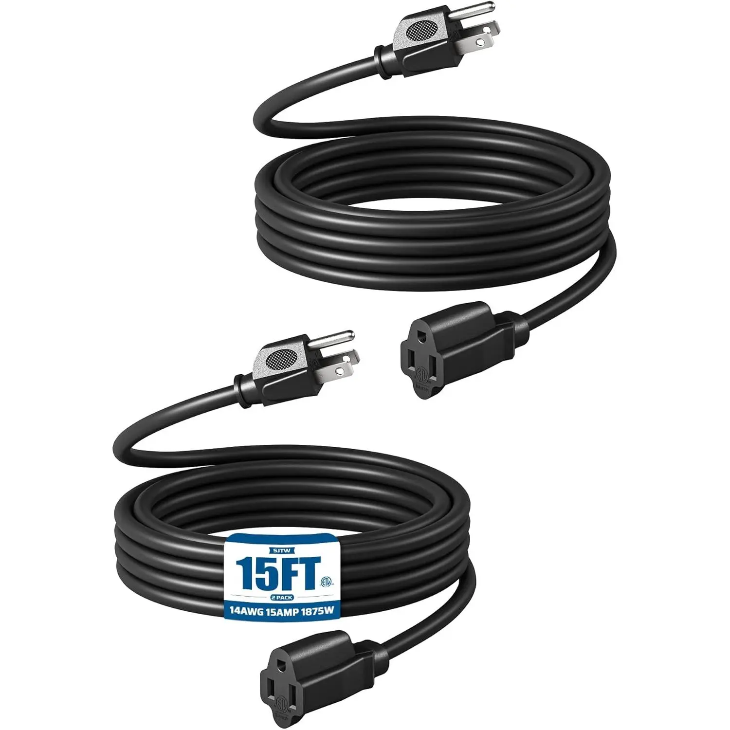 Extension Cord 15ft, 14/3 SJTW Weatherproof Power  for Indoor Outdoor Use, 3 Prong Heavy Duty Power Cord, Black, ETL Listed, 2 Pack
