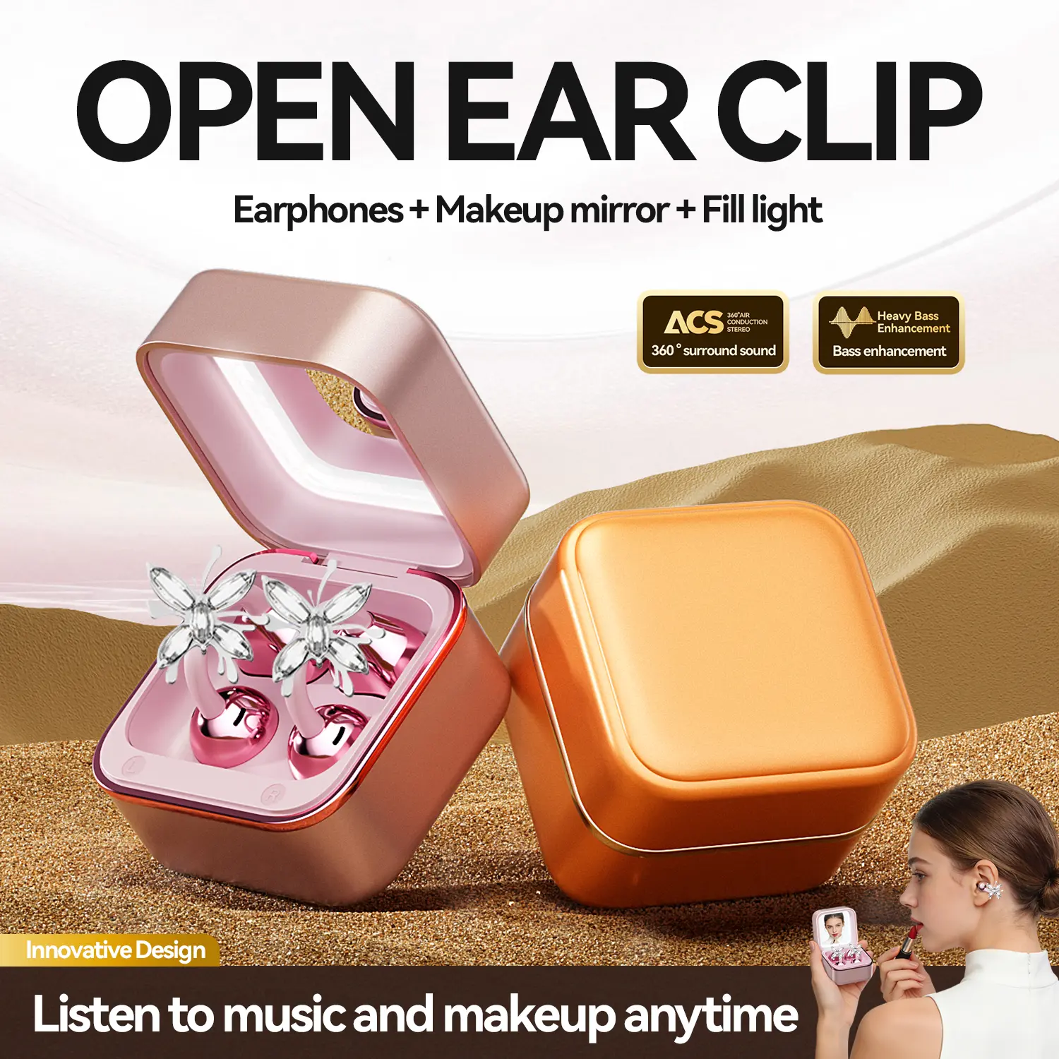 CHENRUIDA M161 Waterproof Wireless Bluetooth Ear Clip Earbuds - Elegant Bow Earrings Design, Chargeable Jewelry Box-Style Charging Case with Mirror, Active Noise Cancellation Audio Accessory for Mobile/PC Use, Cute Tech Finds for Women, Headphone, With Co
