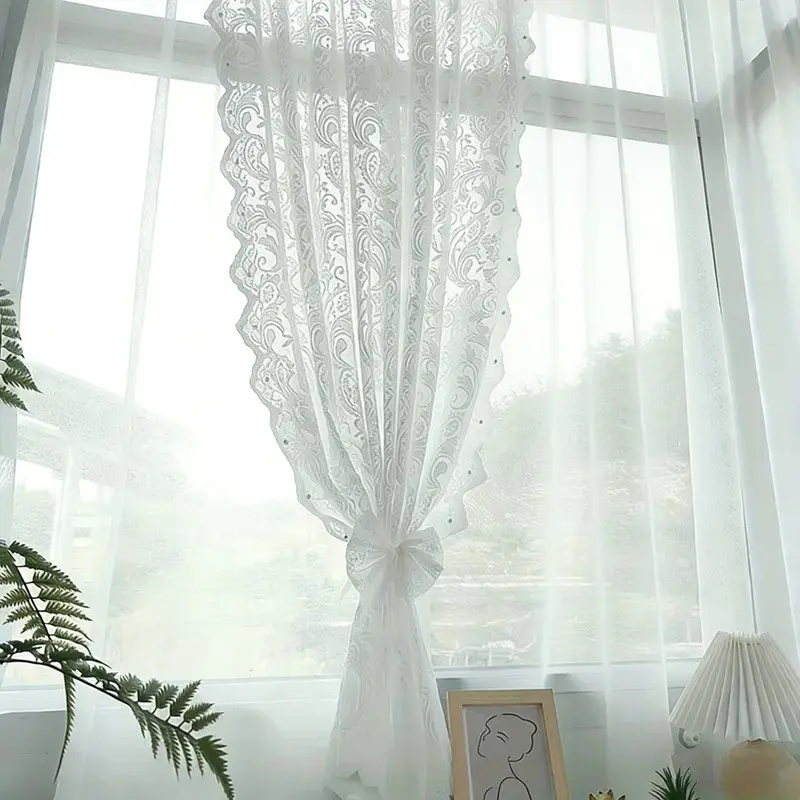 Floral Pattern Lace Beaded Curtain, Elegant French Country Style Curtain, Door Curtain for Living Room & Bedroom, Window Curtain, Bead Curtains, Home Decorative Curtain, Window Drapes, Home Decoration Curtain