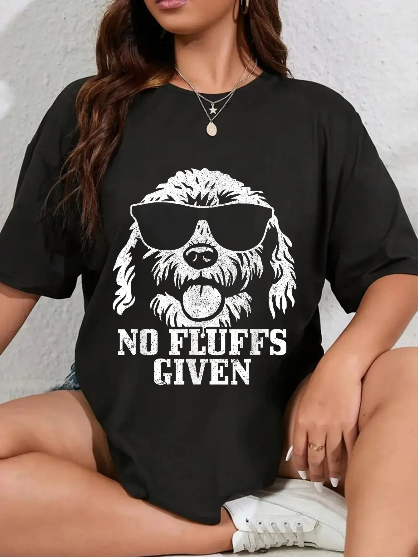 Women's 100% Cotton Round Neck Funny Doodle Graphic T-Shirt - No Fluffs The Dood Goldendoodle Labradoodle Animal Character Tee, Everyday Streetwear Clothes, Humorous Graphic Tee, Funny Graphic Print