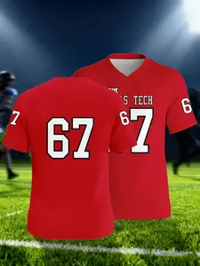 Men's Rugby Short Sleeve Jersey #67 Texas Tech, Vintage Print, Sweat-Wicking Breathable, Outdoor Sports and Daily Wear, Comfortable Sportswear