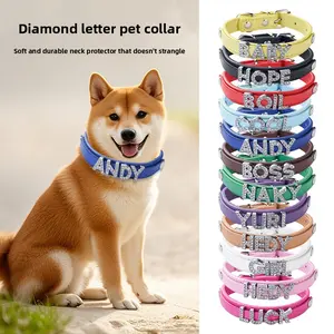 Customized Pet Collar Cat Dog Collar Diamond Accessories Neck Ring Letter Pet Collar Supplies DIY Name Decorative PU Leather Collar