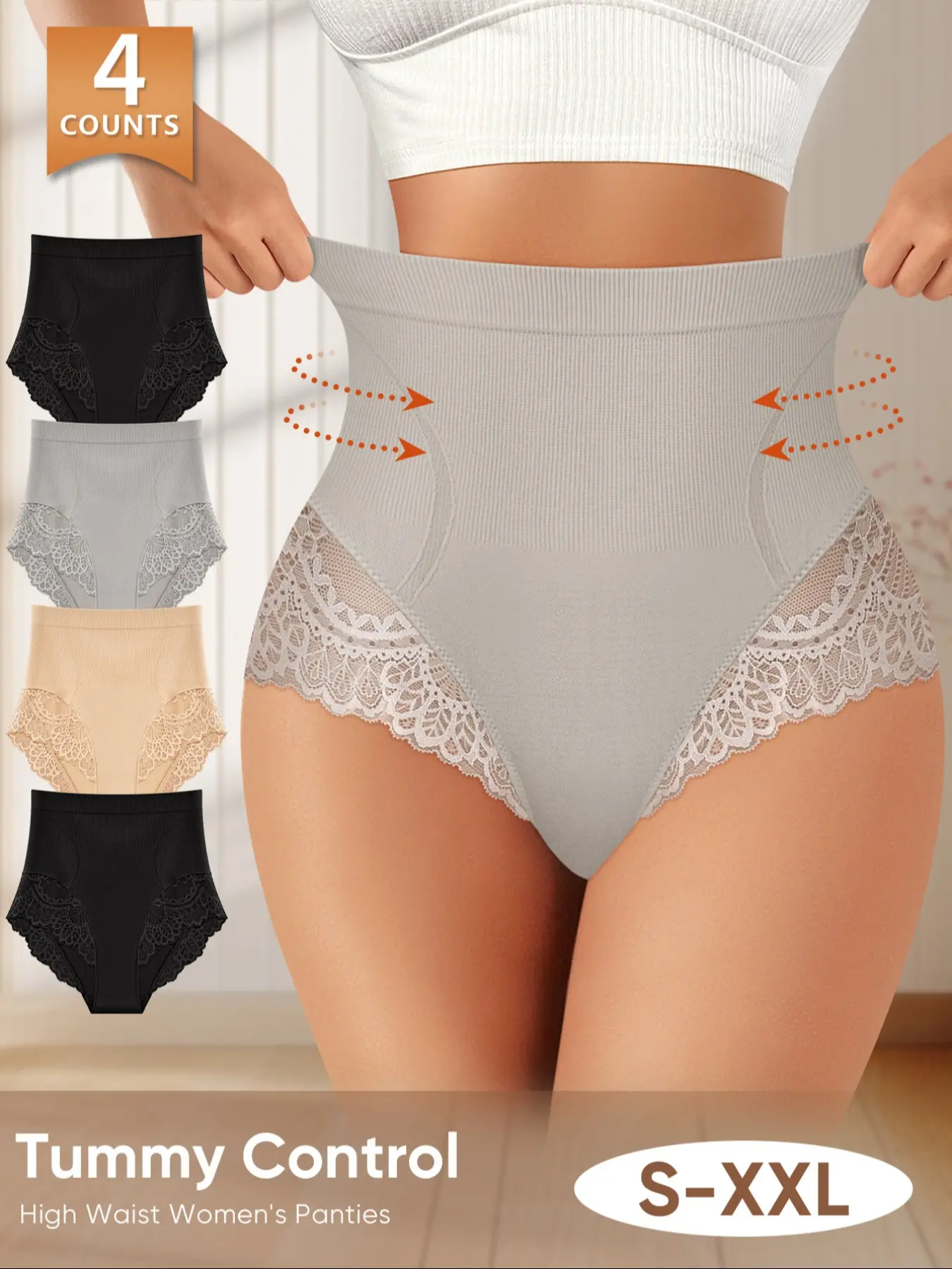 Morelect High-Waist Fitted Compression Shapewear Underwear Set, 4 Pcs, S-Xxl, Lace Trim, Smooth Fitted Design, All Seasons, Slimming & Curvy Shape