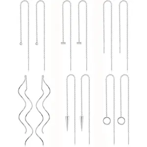 CASSIECA 6Pairs Stainless Steel Chain Tassel Earrings for Women Lightweight Wave Threader Ball Dangle Drop Minimalist Chain Earrings Set Daily