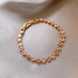 Two-Tone Pink Clear Star Shaped Rhinestone Tennis Bracelet Gold Plated Alloy Fashion Costume Jewelry for Women