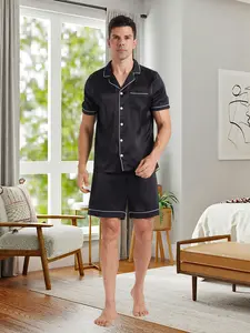 Two-Piece Set Men's Contrast Binding Satin Pyjama Set, Loose Casual Comfy Short Sleeve Button Front Shirt & Elastic Waist Shorts PJ Set, Men's Sleepwear for Summer, Pajamas Loungewear