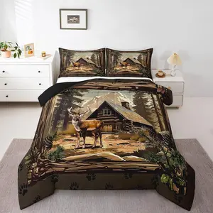 Feelyou Retro Deer Print Comforter Set - Travel Ready, U-Stitching, Wildlife Motif, Rustic Cabin-Themed Polyester Bedding, Multi-Size Woodland Hunting Quilt for Adults