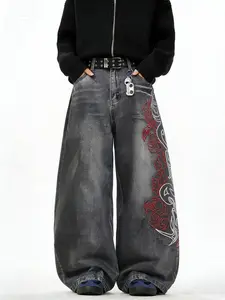 UP.THE Men's Loose-Fit Wide Leg Jeans - Y2K Embroidered Totem Fabric Streetwear for Skateboarders, Menswear Everyday Wear, Oversized Plain T-Shirt Compatible Bottoms
