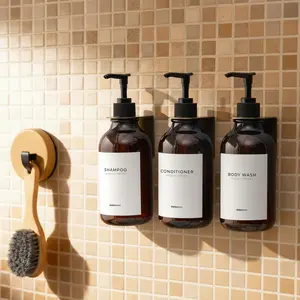 MaisoNovo Shampoo and Conditioner Dispenser-Shower Soap Dispenser Wall Mounted-16.9 fl oz Set of 3 Amber Plastic Bottles Black Pump 3 Chamber No Drill