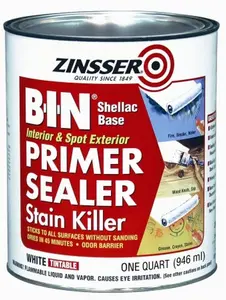 Rustoleum B-I-N Shellac Base Primer & Sealer 00904, 1 qt Wood Stain Killer, Grease Stains & Water Barrier, Odor Block for Office & School Supplies Prep, Re-Coat in 45 Minutes