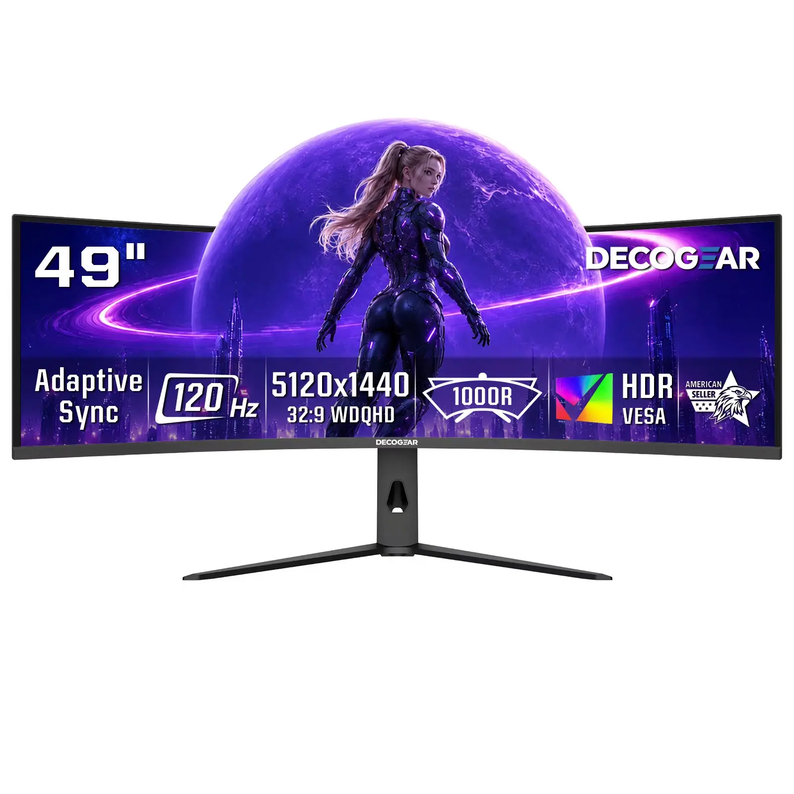 Deco Gear 49" Curved Ultrawide Monitor, 5120×1440 Dual QHD, 120Hz, 3ms, 32:9, R1000, HDR, Adaptive Sync, USB-C, HDMI 2.1, DisplayPort 1.4, PIP/PBP, Ergonomic Stand