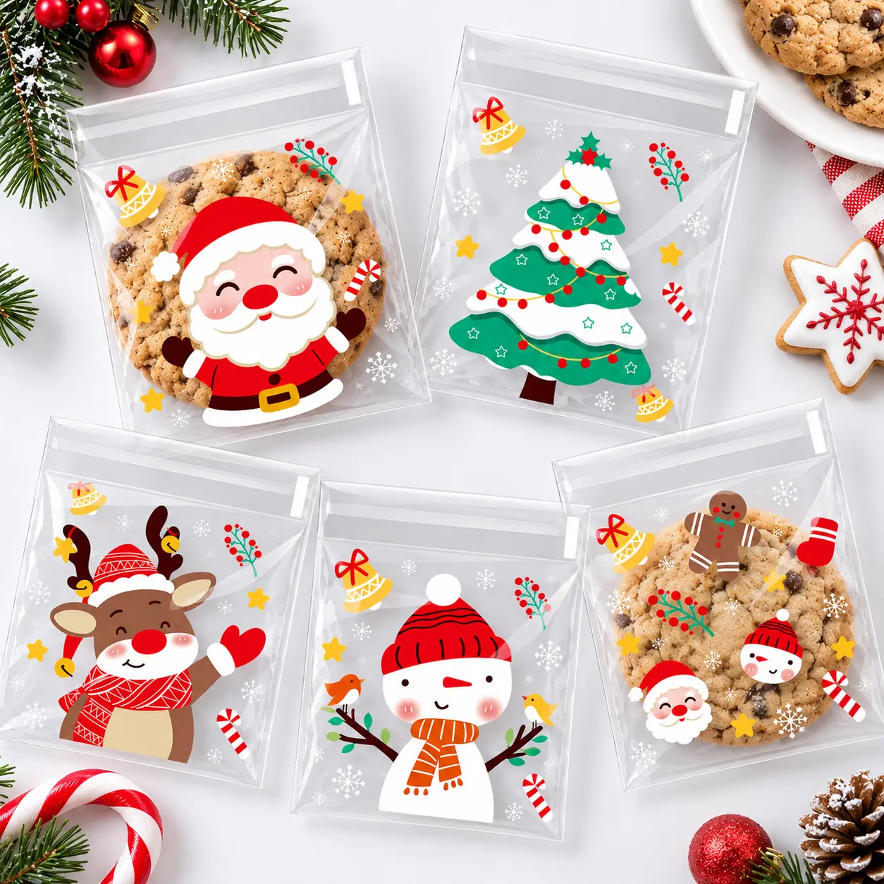 100pcs Christmas Treat Bags, Clear Self Adhesive Cookie Bags, Holiday Candy Gift Bags, Christmas Goodie Bags, Plastic Snack Packaging Bags for Cookies, Candy, Party Favors - MM2