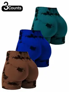 Qfen Sport High-Waisted Seamless Shorts, Tie-Dye Fall Fashion, Gym Exercise Activewear, Breathable Mesh Fabric, Compression & Anti-Squat Design, All-Season Wear, Stretchy Seamless Shorts, Workout Compression Shorts