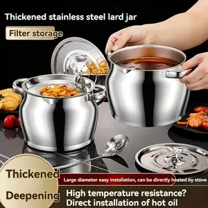 1 PC 3L Silver Color Pig Oil Can, Stainless Steel Dual Ear Filter Oil Can, Heat Resistant Large Capacity with Strainer and Spoon, Cooking Oil Container