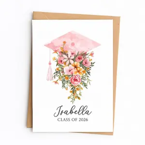 Personalized Class Of 2026 Graduation Card, Floral Grad Greeting Card, Custom Name Class Of 2026 Card With Envelope