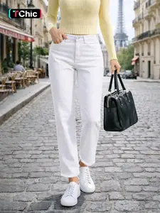 High Elasticity Mid-Waist Straight Leg Jeans, Casual Loose-Fitting Denim Jeans for All Seasons, Plain Style Women's Fashion