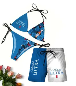 Matching Michelođd Swimwear Set for Couples - Swim Bra & Tie Side Thong Bikini + Men's Beach Shorts, Summer Vacation Swimsuit, Hawaiian Shirt Style, Aloha Beach Outfit, Casual Shorts, Gift for Men Women