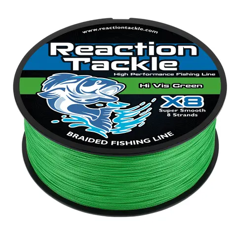 Hi-Vis Green Braided Fishing Line - Reaction Tackle X4 & X8 Strand UHMWPE Braid, Zero Stretch, High Sensitivity, Abrasion Resistant, 6-100lb, 150-3000yd Spools - High Visibility Line for Bass, Catfish, Crappie
