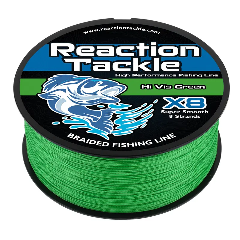 Hi-Vis Green Braided Fishing Line - Reaction Tackle X4 & X8 Strand UHMWPE Braid, Zero Stretch, High Sensitivity, Abrasion Resistant, 6-100lb, 150-3000yd Spools - High Visibility Line for Bass, Catfish, Crappie
