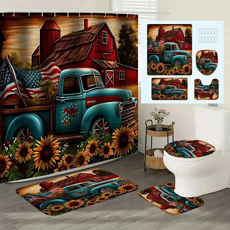 4pcs country style truck and flag, shower curtain set, non-slip floor mat, U-shaped carpet, toilet lid cover, Shower Essentials, Restroom, perfect for bathroom decoration, partition, 12 shower curtain hooks are included, Bathroom Decoration Accessories