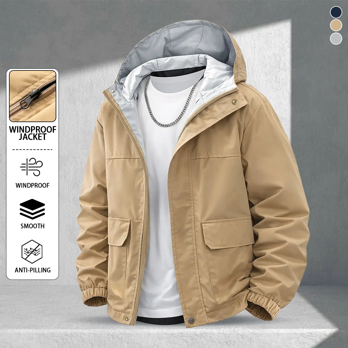 Men's Casual Tooling Hooded Jacket Windproof Breathable Multi-Pocket Design Simple Versatile for Daily Work Leisure Outdoor Wear Spring Summer