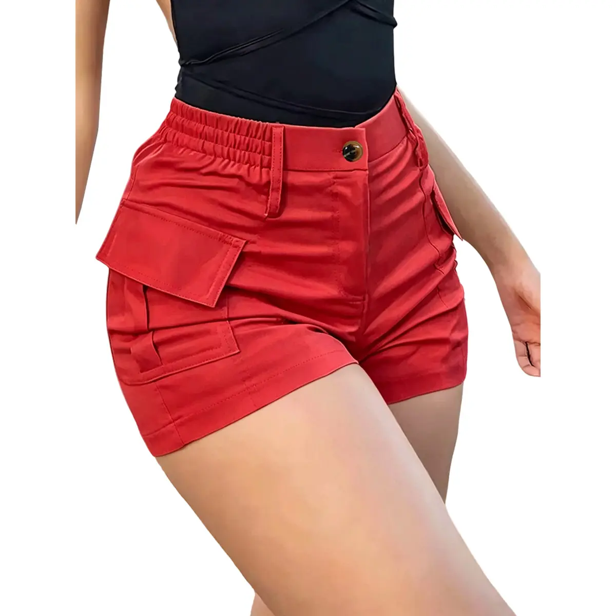 New summer women’s cargo shorts with dual pockets, an elastic waistband with buttons, made from skin-friendly, breathable, soft, and comfortable material—stylish, youthful, and versatile.