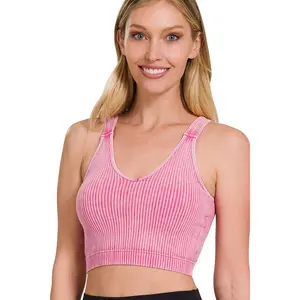 Zenana Washed Cropped Bra Padded Tank Top
