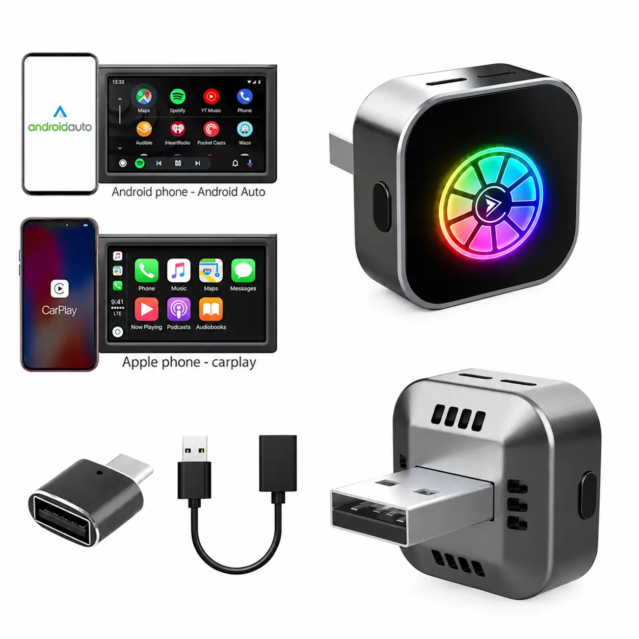 Wireless CarPlay & Android Auto Adapter, 2-in-1 Car Connect Box for Wired to Wireless Conversion, 1-Click Switch, RGB Ambient Light, Plug-and-Play, Auto-Reconnect