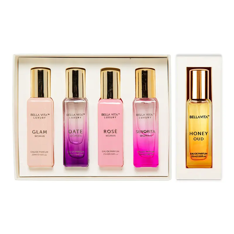 BellaVita Luxury's Booster Perfume Gift Set For Women | 5 Luxury Minis | Long Lasting | Senorita, Rose, Date, Glam, Honey Oud | Eau De Parfum