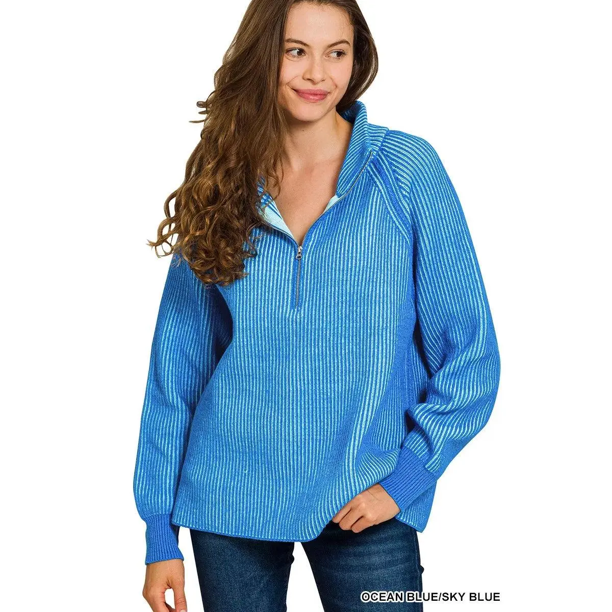 Zenana Ribbed Two Tone Half Zip Sweater