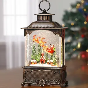 Christmas Snow Globe Lantern Village, Lighted Christmas Indoor Decorations for Home with Music Timer Glitter, Santa Claus Church Scene Festival Gifts USB & Battery Operated