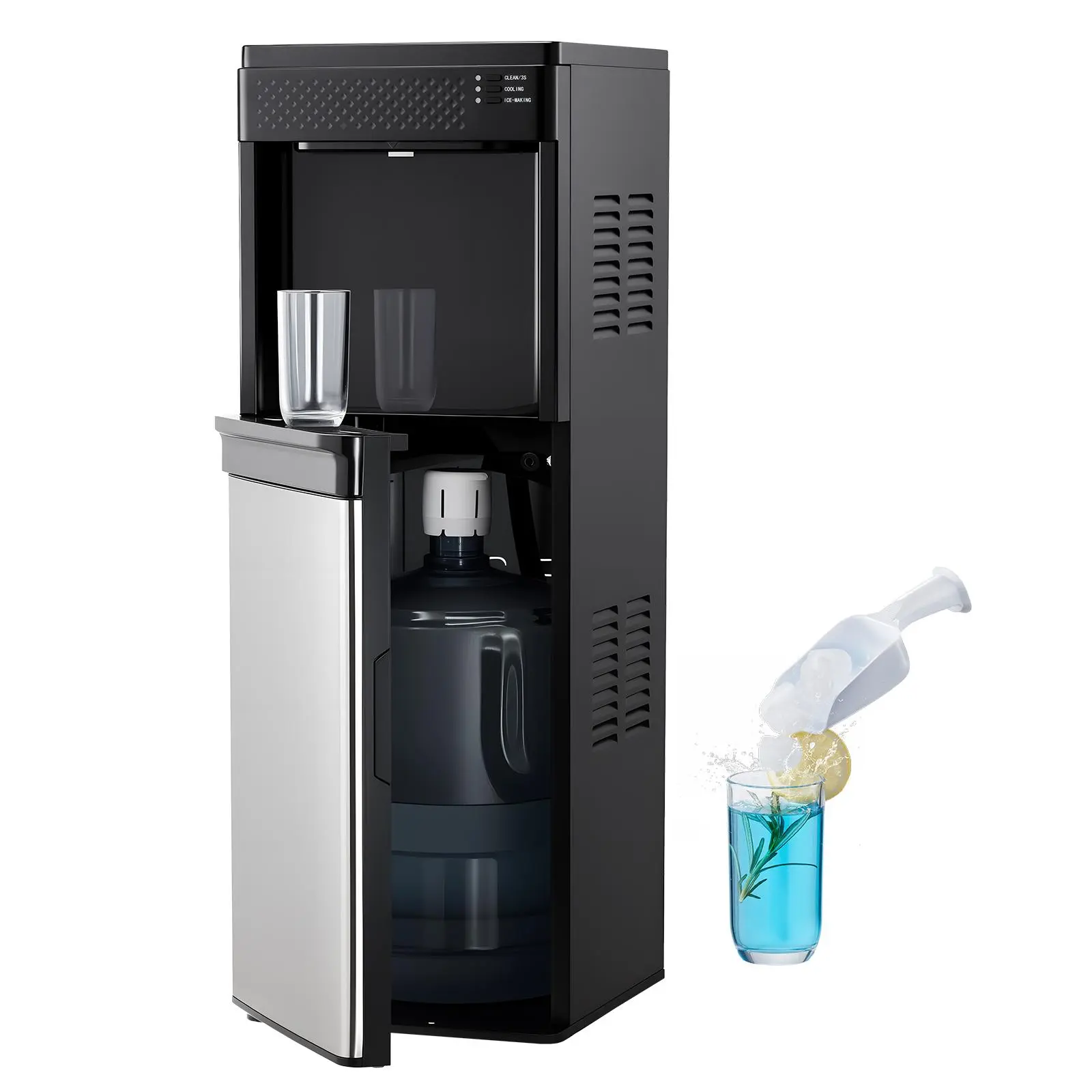 VEVOR 3-in-1 Floor-Standing Water Cooler & Dispenser with Ice Maker, Cold Water Disp., 33 lbs/24H Fast Production, 9 Cubes/7 Min Speed, 1.3 lbs Storage, Bullet-Shape Design, for Home, Kitchen,techvibes