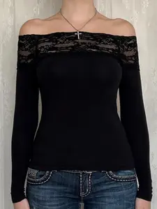 Women's Solid Contrast Lace Off Shoulder Crop Tee, Casual Long Sleeve Slim T-shirt for Spring & Fall, Women's Top for Daily Wear, Polyester