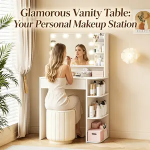 Makeup Vanity Desk with Mirror and Lights, 26.4”Small Vanity Mirror with Lights with Large Drawer and 6 Level Storage, White Vanity with Large Led Mirror with 3 Color Lighting Modes