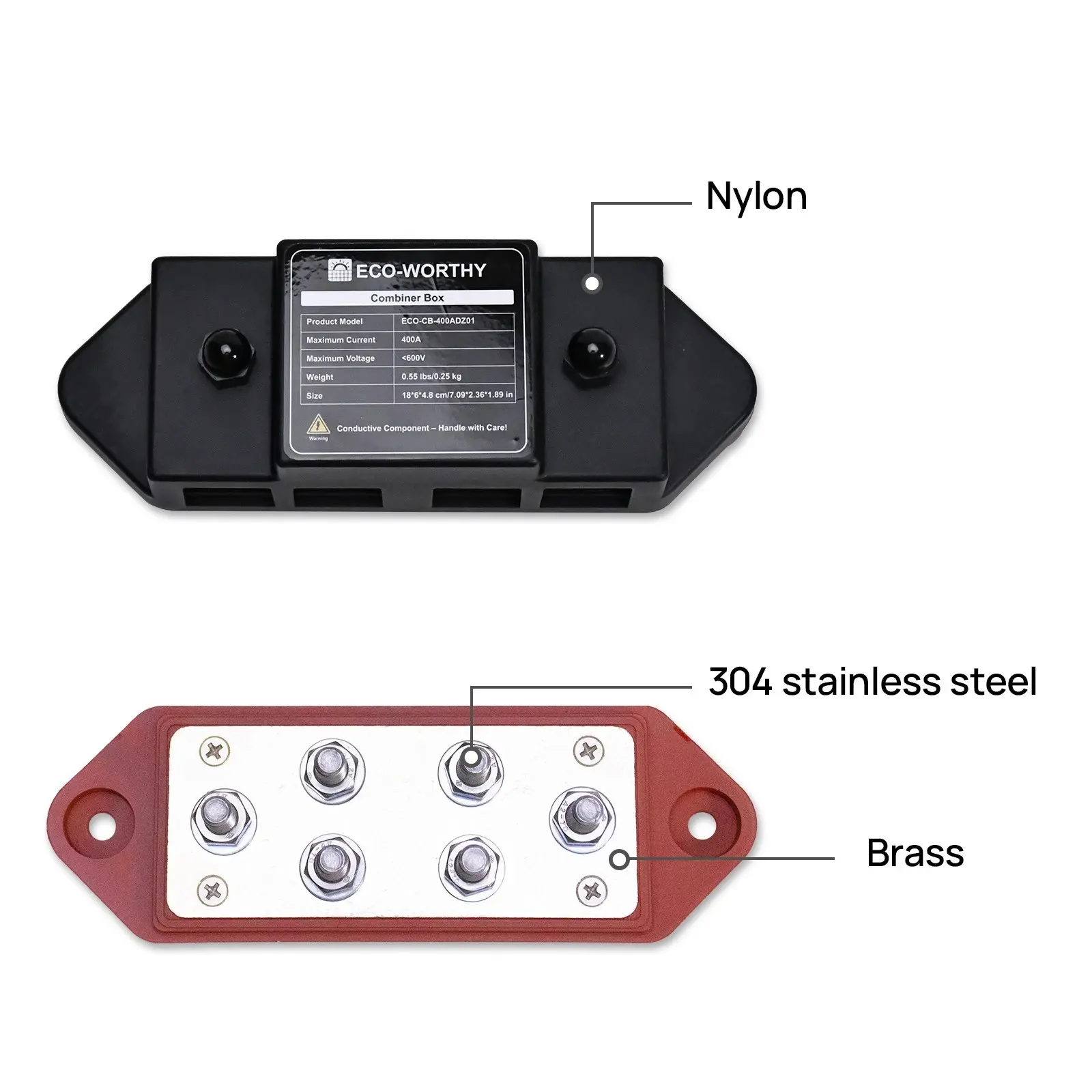 ECO-WORTHY Stainless Steel 400A Busbar - 6×M8 Studs, 2-Piece Set, Home Electrical Equipment Connector Terminal for Parallel Battery Connection