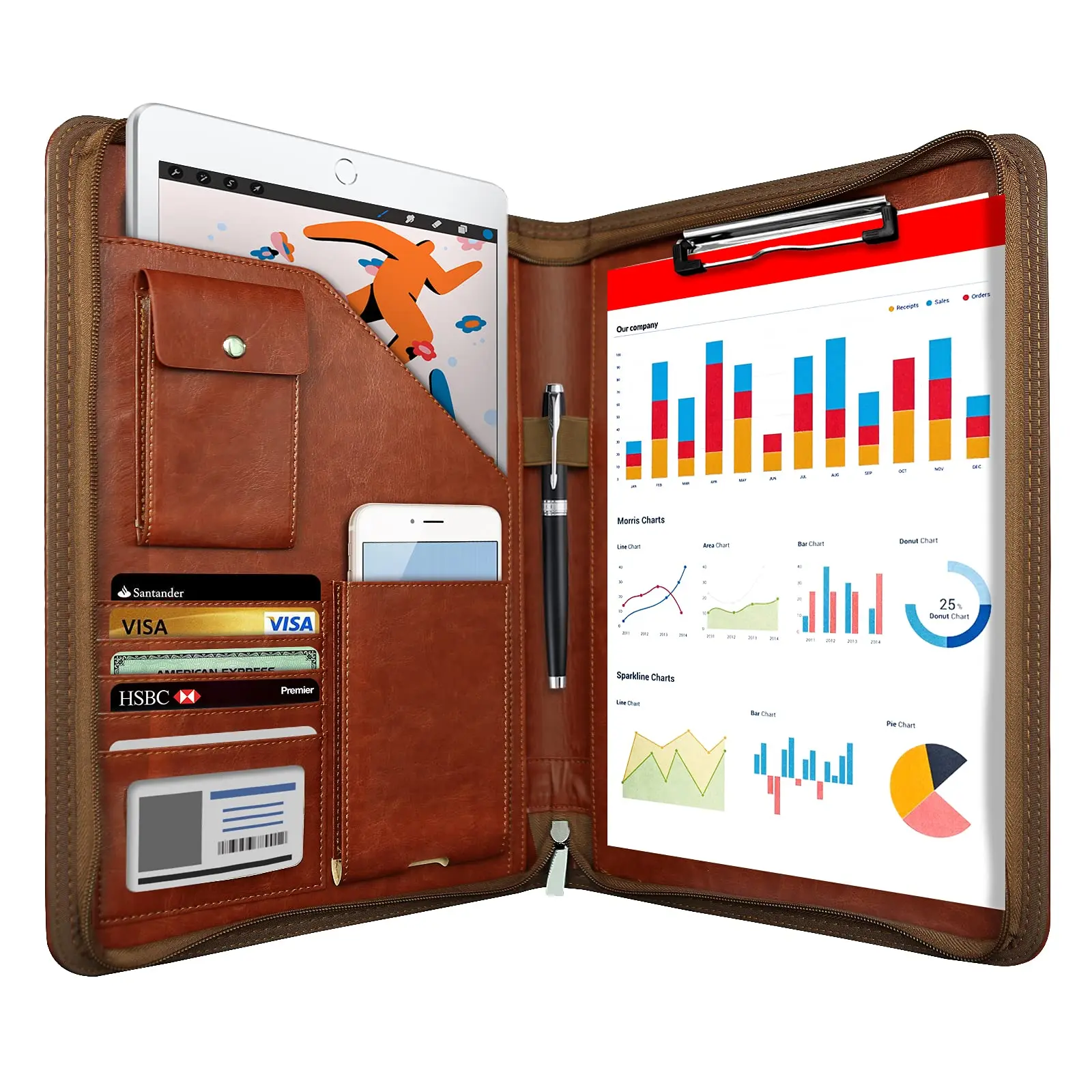 Zippered Padfolio Organizer, Leather Planner Binder, 10.2 Inch Portfolio Folder for Documents, Letter Size Business Card Holder for Men&Women (Brown)