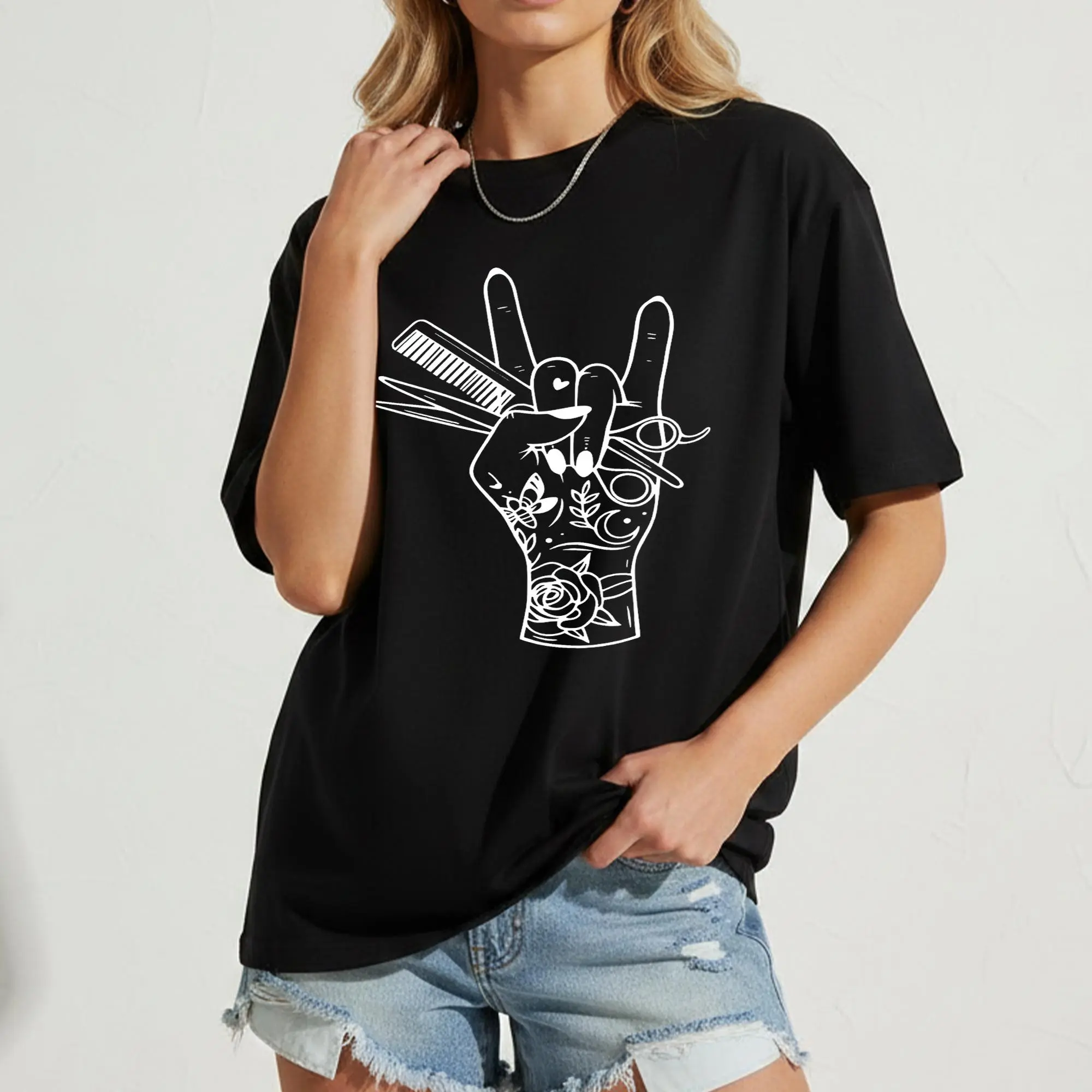 Hairdresser T-Shirt for Women, Stylist Scissors and Comb Graphic Tee, Funny Barber Rock Hand Sign Shirt, Hair Stylist Appreciation Gift