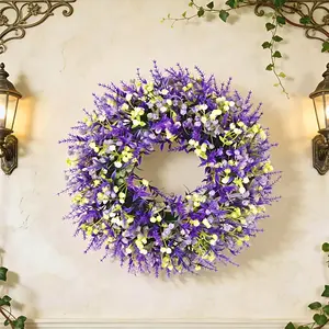13.78 Inch Artificial Lavender Wreath, Easter Purple Floral Hanging Ornament for Front Door, Ideal Spring Summer Decor for Valentine's Day Mother's Day, Suitable for Home Wall Window Porch Patio Garden, Artificial Hanging Flowers