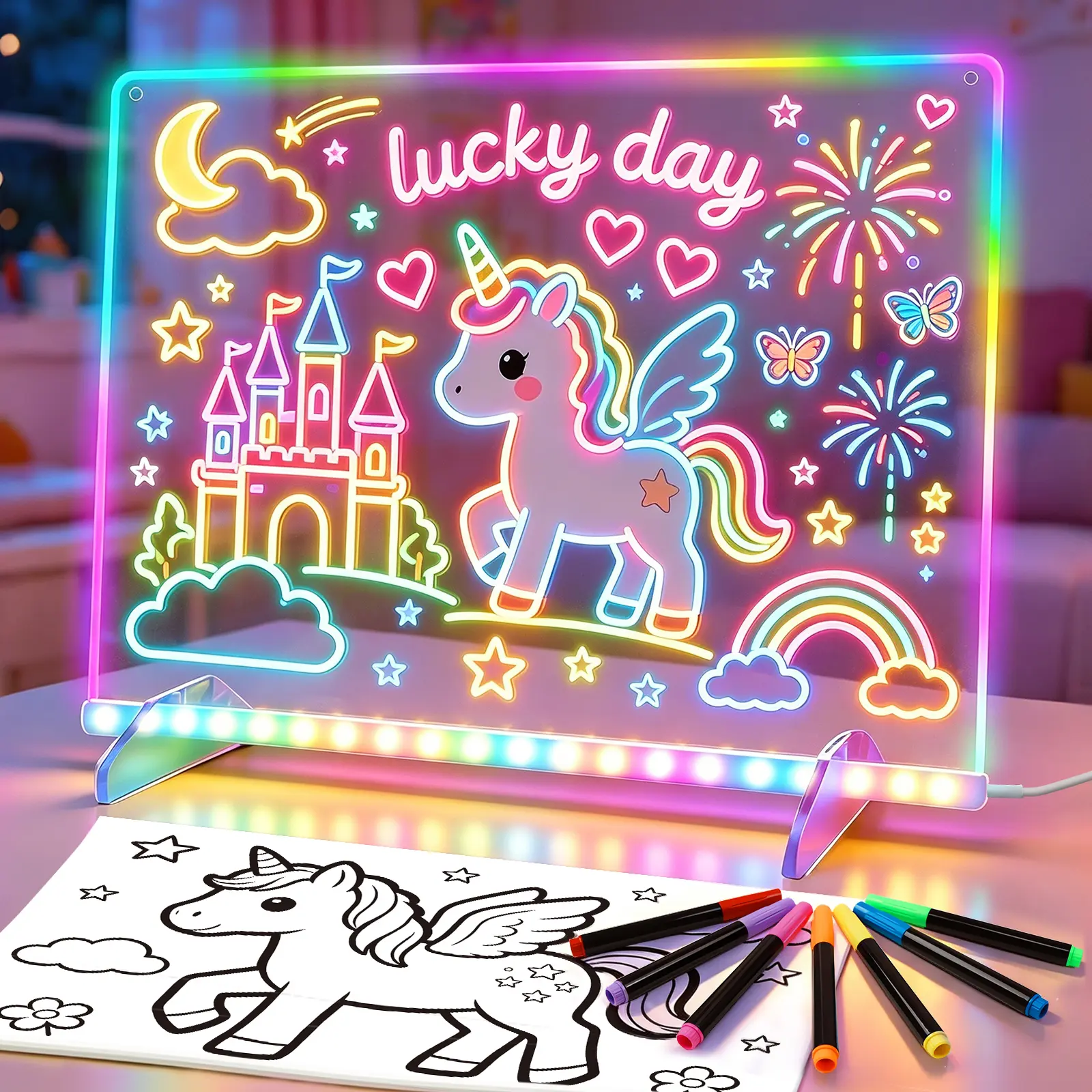 Cosmody LED Drawing Board for Kids, 16" LED Note Board with Color, 13 Glowing Effects and 4 Brightness Levels, Light Up Drawing Pad with 7 Markers&Tracing Paper, Birthday Gifts for Kids Age